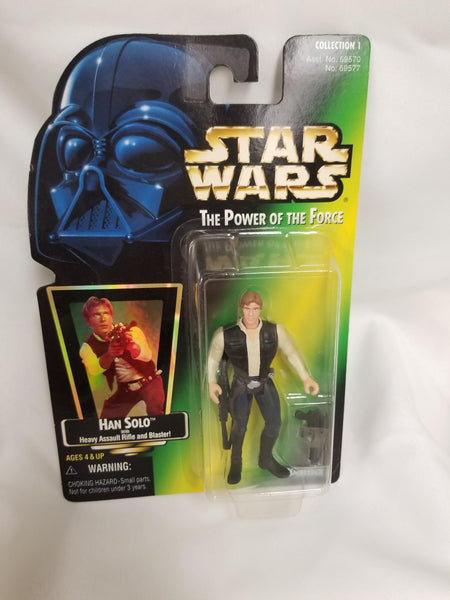 Star Wars Power Of The Force Han Solo w/ Heavy Assault Rifle and Blaster Action Figure 1997 Sealed on Green Card New