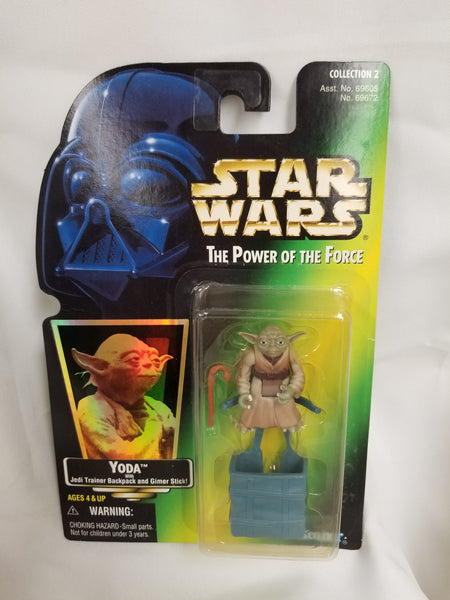 Star Wars Power Of The Force Yoda w/ Jedi Trainer Backpack and Gimer Stick Action Figure Sealed on Green Card New